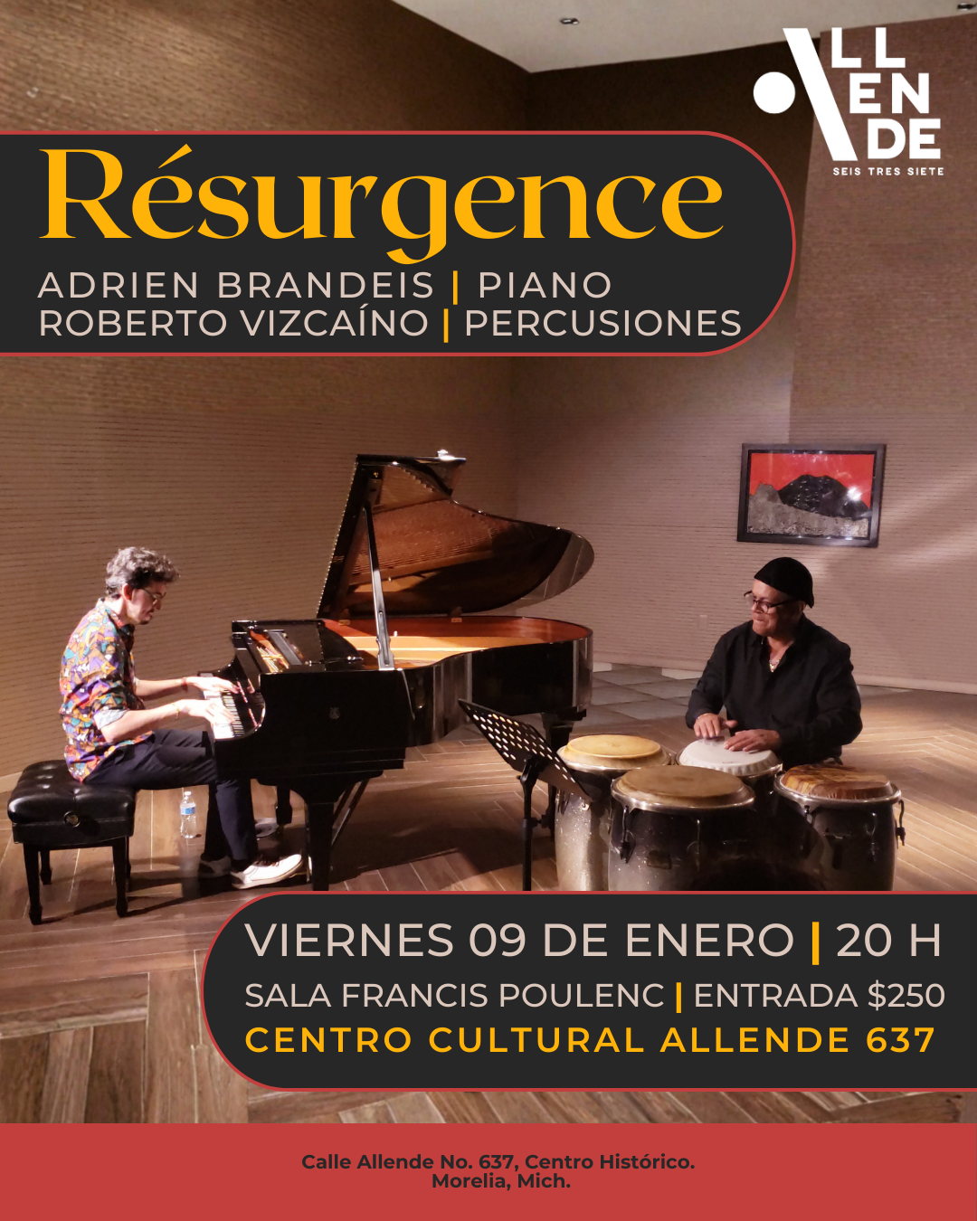 Concierto Dúo de piano y percusión, Resurgence/ Adrien Brandeis, piano - Roberto Vizcaíno, percusiones.
