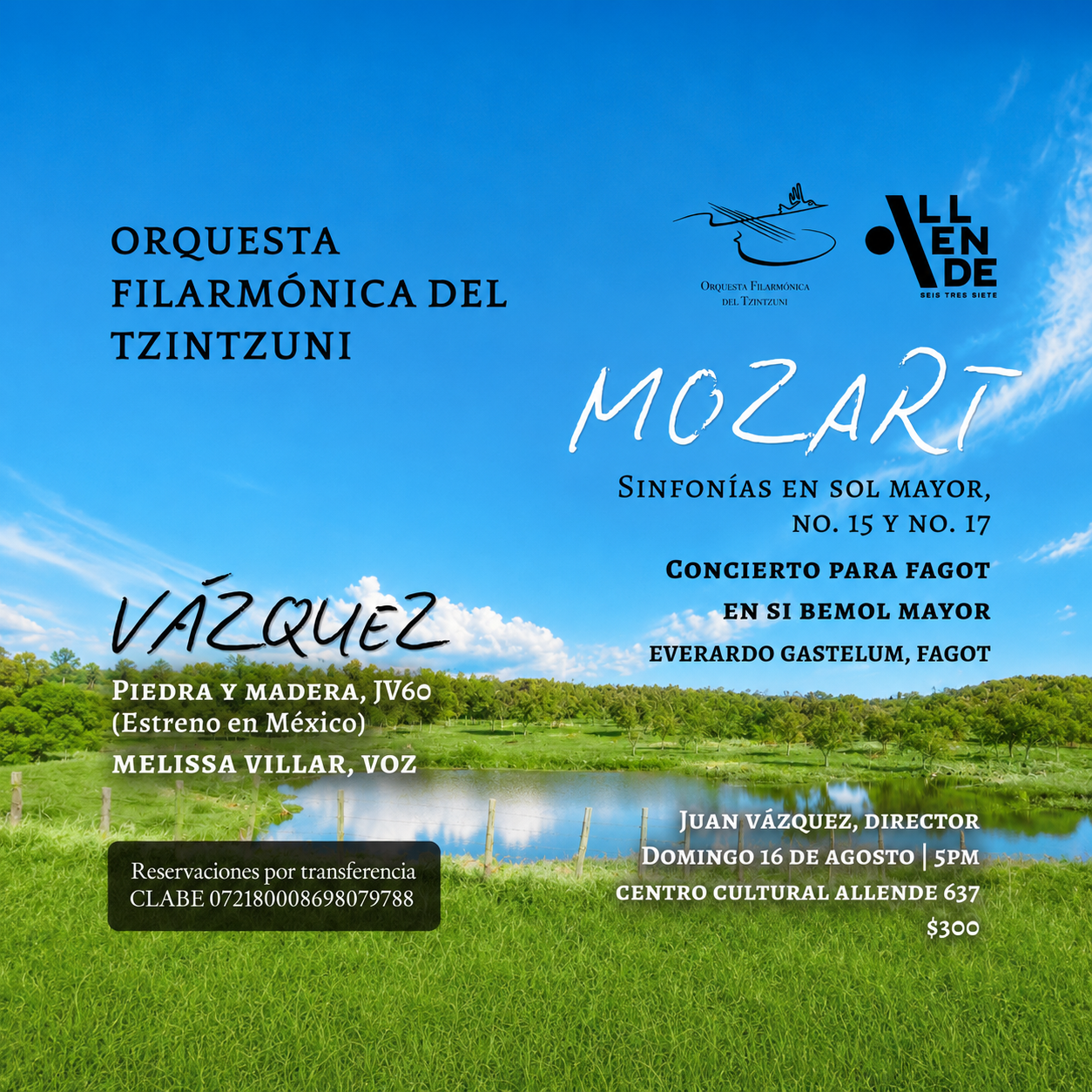 Cartel de Mozart y Vázquez: concierto de la Orquesta Filarmónica del Tzintzuni
