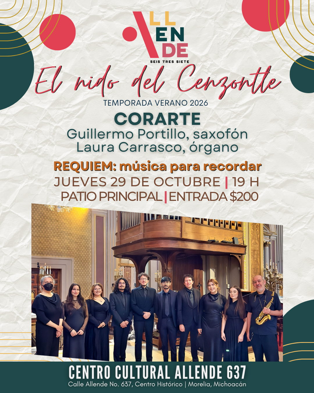 Cartel de Programación Artística El nido del Cenzontle | Réquiem: Música para recordar | Corarte en concierto