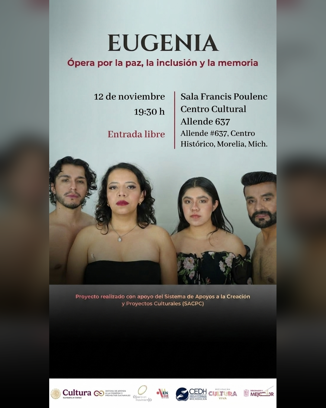 Cartel de Eugenia, ópera por la paz, la inclusión y la memoria.